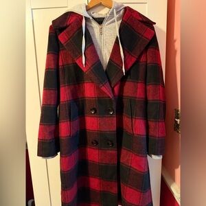 Kendall and Kylie buffalo plaid double breasted wool coat with attached hoodie